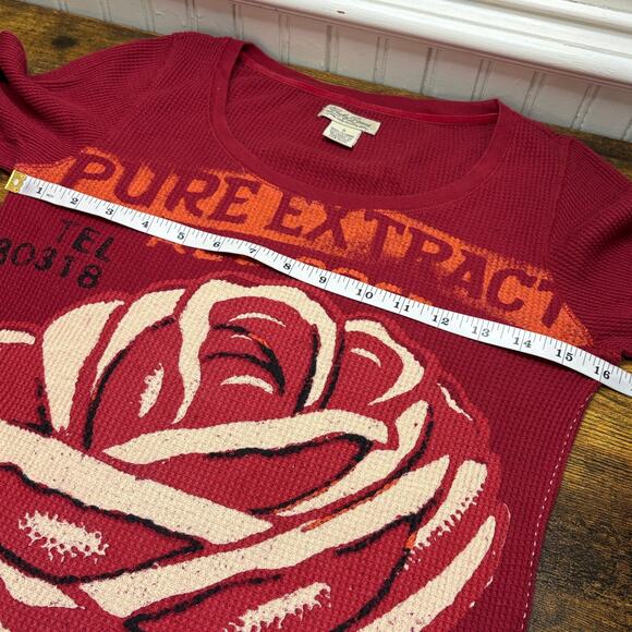 Lucky Brand Size S Thermal Top Vintage Y2K Red Rose Fall Boho Long Line Retro - Picture 6 of 13